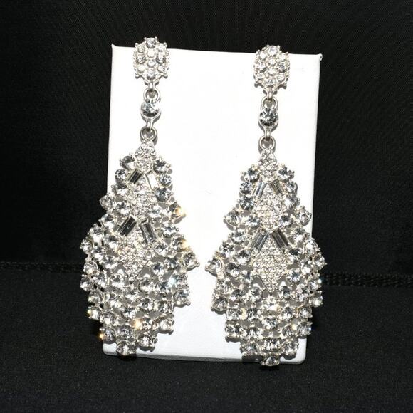Vintage Long Rhinestone Wedding Earrings, Formal Bling 3 1/2 Inch Posts, 1990s - Picture 9 of 12